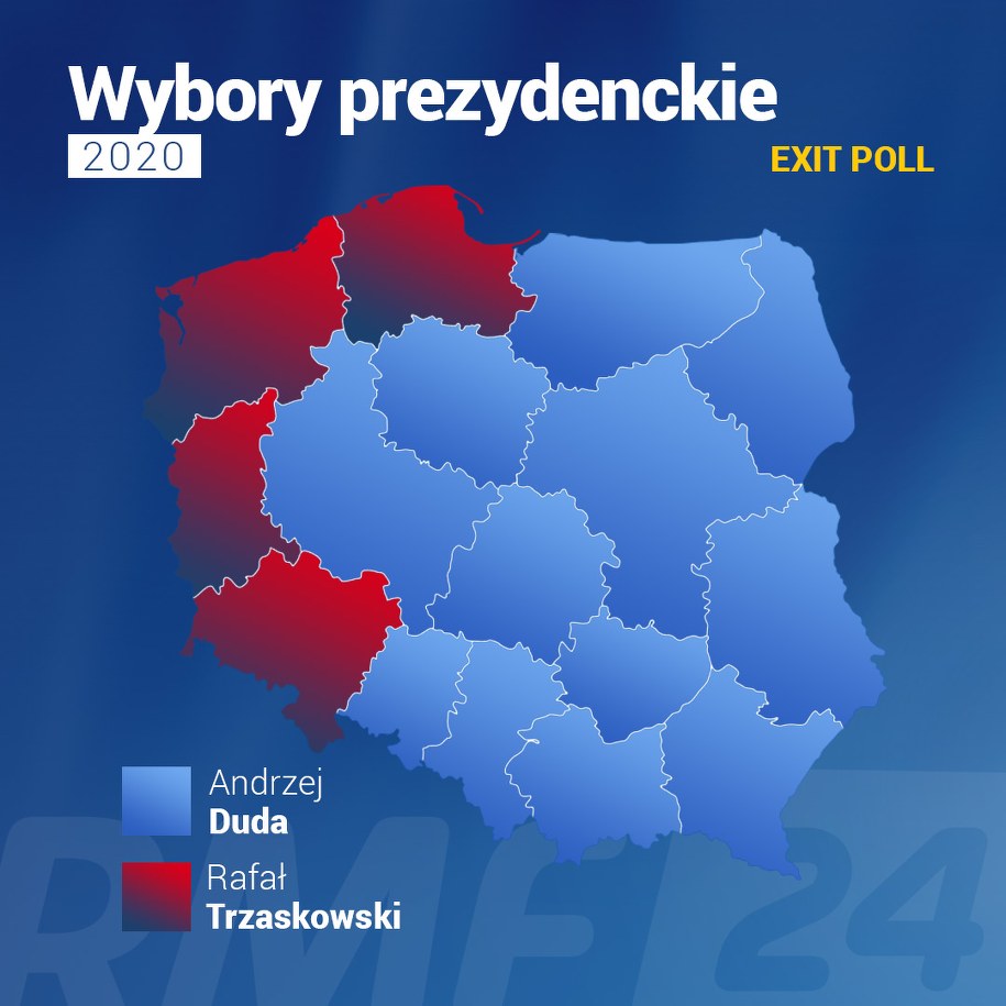 Wybory prezydenckie 2020: Zwycięzcy pierwszej tury w poszczególnych województwach /Grafika RMF FM /