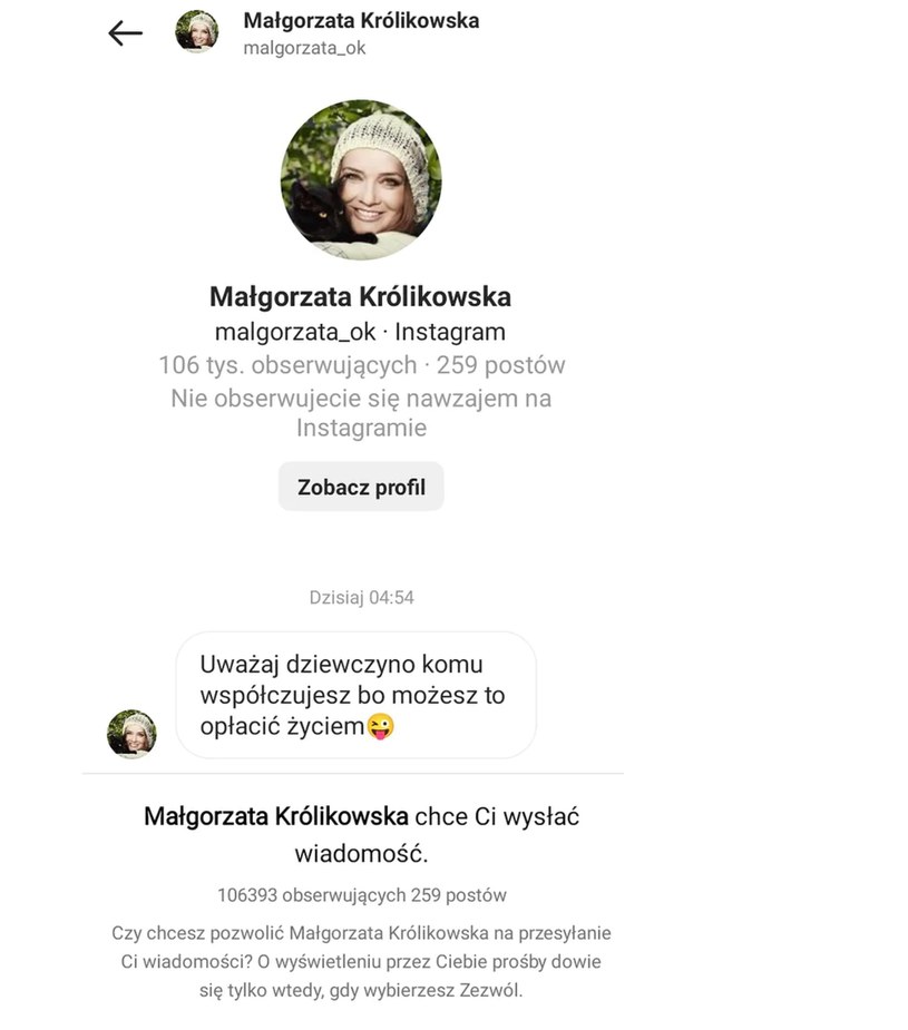 Wyciekła prywatna korespondencja Królikowskiej /Screen: Facebook/ /Instagram