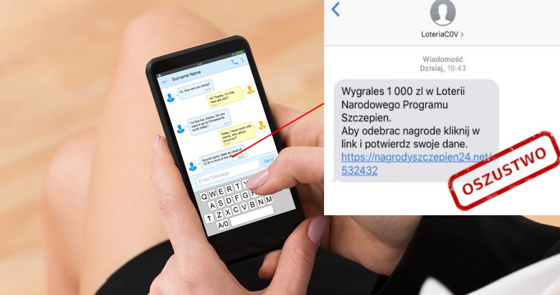 "Wygrałeś 1000 zł na Loterii Narodowego Programu Szczepień. Aby odebrać nagrodę, kliknij w link" - trzeba uważać, to jest oszustwo. Treść SMS za CERT Polska /123RF/PICSEL