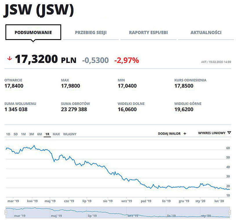 Wykres kursu JSW w ostatnim roku /INTERIA.PL