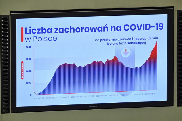 Wykres przedstawiający liczbę zachorowań na Covid-19 zaprezentowany w Sejmie / 	Radek Pietruszka   /PAP