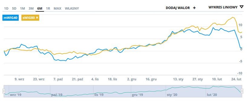 Wykresy indeksów mWIG 40 i sWIG80 w ostatnim półroczu /INTERIA.PL