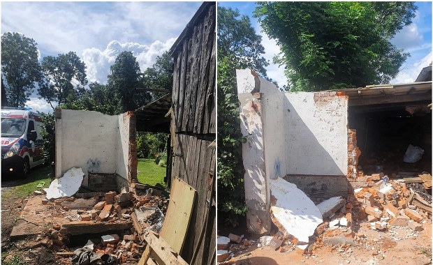 Wypadek w Borętach. Na mężczyznę zawalił się betonowy dach