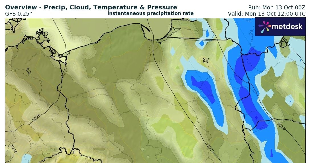 Wyż Sieglinde do większości Polski przyniesie łągodną i słoneczną pogodę. Na północnym wschodzie mocniej popada, lokalnie możliwe też burze /WXCharts /