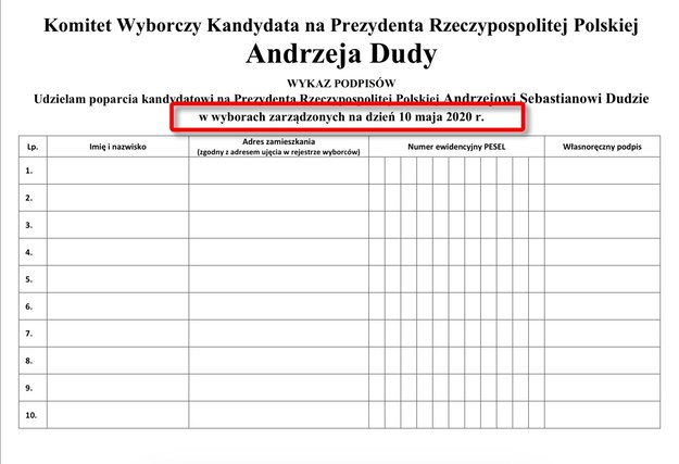 Wzór wykazu poparcia Andrzeja Dudy /RMF FM
