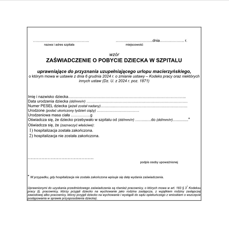 Wzór zaświadczenia dla rodziców wcześniaków, którzy chcą skorzystać z wydłużonego urlopu /