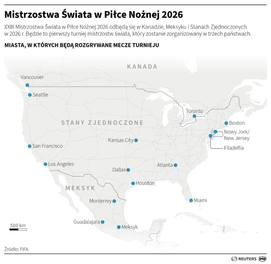 XXIII Mistrzostwa Świata w Piłce Nożnej 2026 odbędą się w Kanadzie, Meksyku i Stanach Zjednoczonych w 2026 r. Będzie to pierwszy turniej mistrzostw świata, który zostanie zorganizowany w trzech państwach. /	Maciej Zieliński , Adam Ziemienowicz /PAP