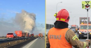Z auta wylała się ropa, doszło do pożaru. Autostrada A2 zablokowana