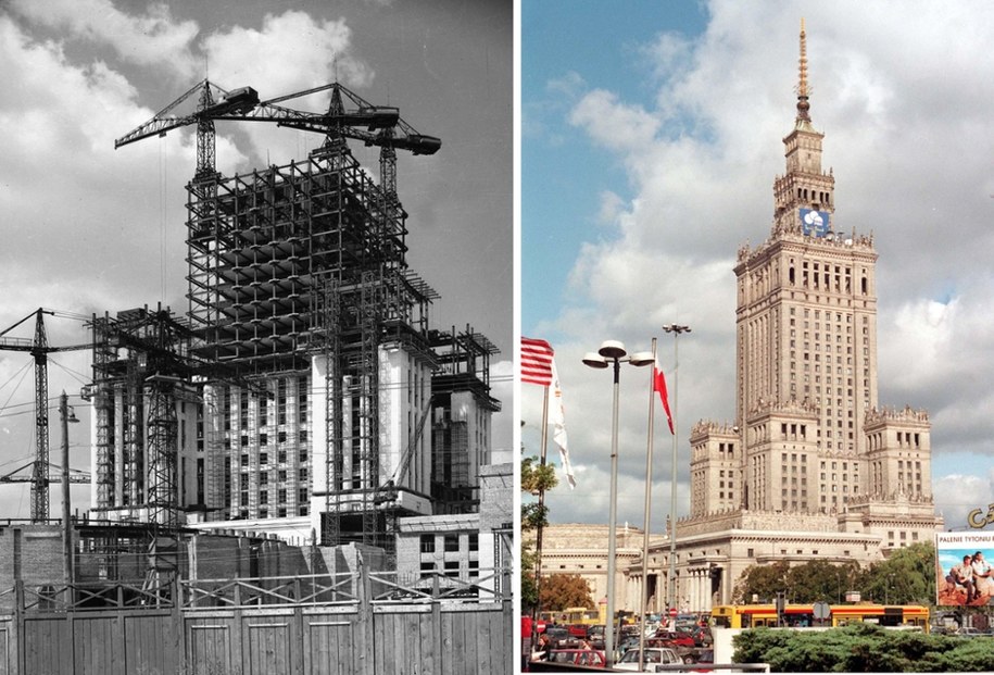 Z lewej - Warszawa.1953 r.- budowa PKiN, z prawej PKiN  na zdjęciu z 1999 roku. /CAF/Stanisław Dąbrowiecki/Janusz Mazur /PAP