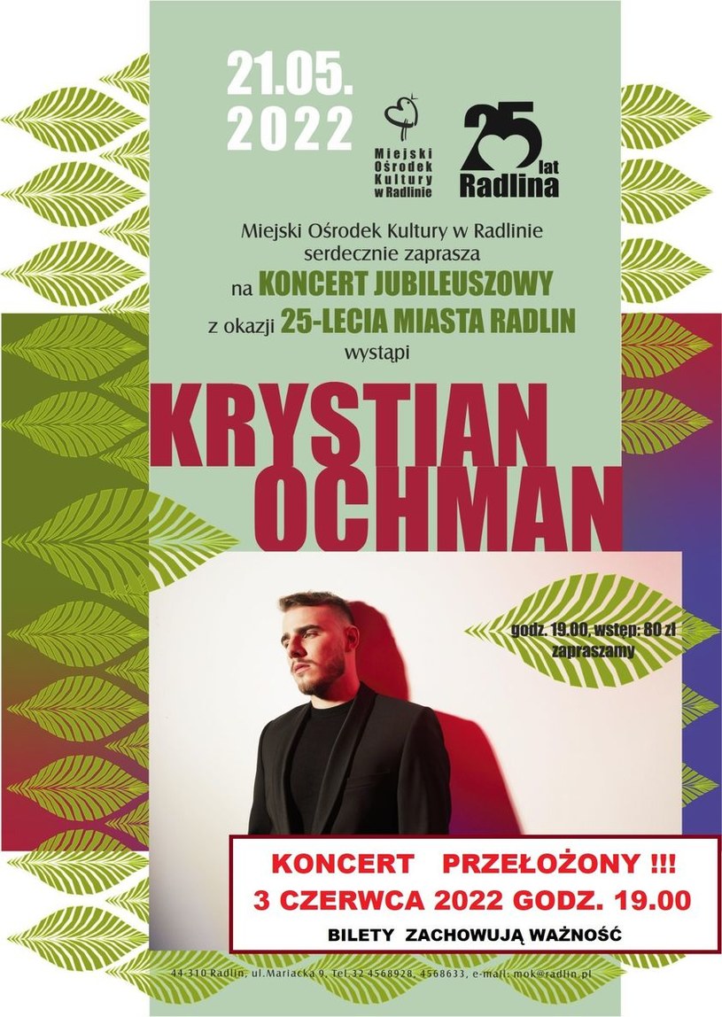 Z powodu choroby Krystian Ochman nie pojawi się na scenie /www.facebook.com/mok.radlin /Facebook