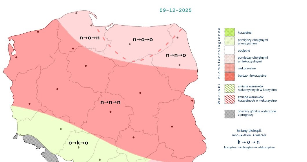 Z powodu dużego zachmurzenia i deszczu w większości Polski pogoda będzie niekorzystnie wpływać na nasz organizm /IMGW /