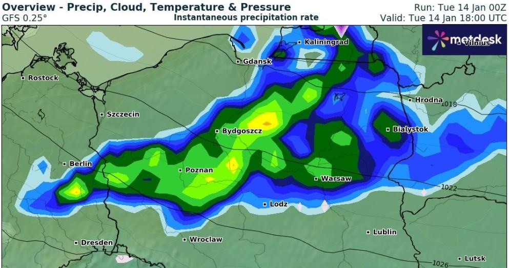 Z powodu marznących opadów alerty IMGW drugiego stopnia obowiązują w większości Polski, z wyjątkiem terenów na południowym wschodzie /wxcharts /