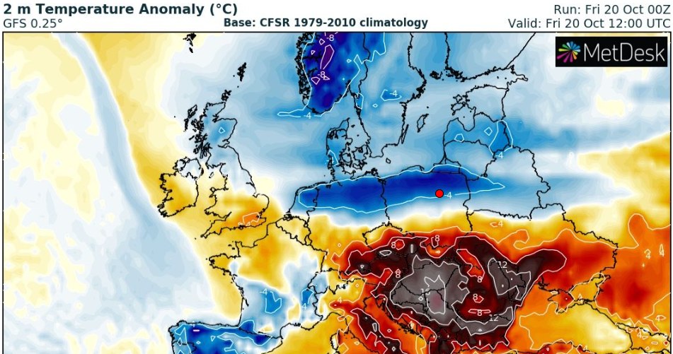 Z powodu zderzenia mas zimnego i ciepłego powietrza nad Polską utworzy się duży kontrast termiczny, z chłodniejszą północą i ciepłym południem /wxcharts /