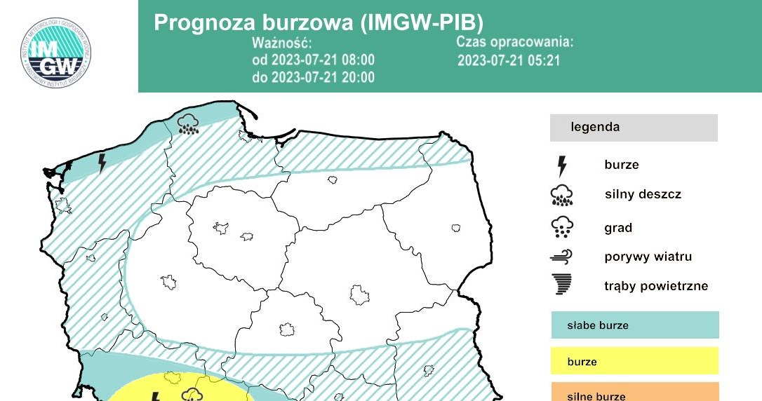 Z prognoz IMGW wynika, że z najsilniejszymi burzami trzeba się liczyć na południowym zachodzie /IMGW /