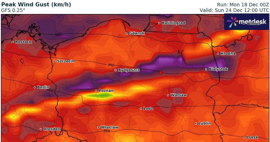 Z prognozy IMGW wynika, że w Wigilię do Polski dotrze strefa silnych wiatrów. Podmuchy mogą osiągać prędkość do 90 km/h /wxcharts /