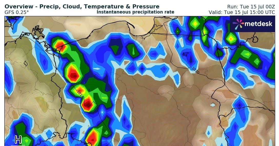 Zachód i północna część kraju to miejsca najbardziej narażone na występowanie niebezpiecznych burz /wxcharts /
