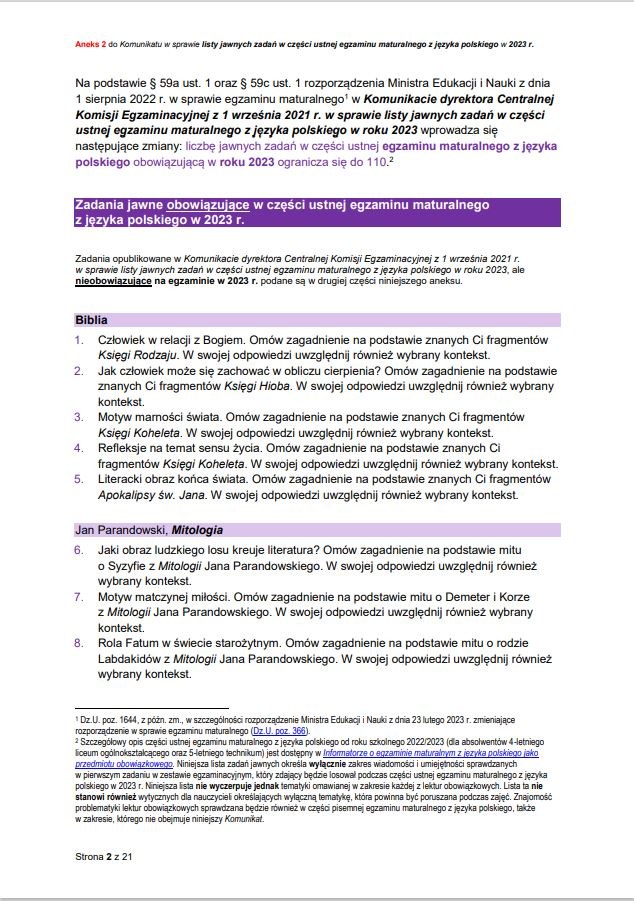 Zadania jawne obowiązujące w części ustnej egzaminu maturalnego z języka polskiego w 2023 /CKE /RMF FM