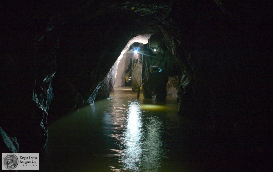 Zalany chodnik na IV poziomie kopalni „Augusta” podczas badań wykonywanych w 2005 r. Fot. D. Wójcik, K. Krzyżanowski /