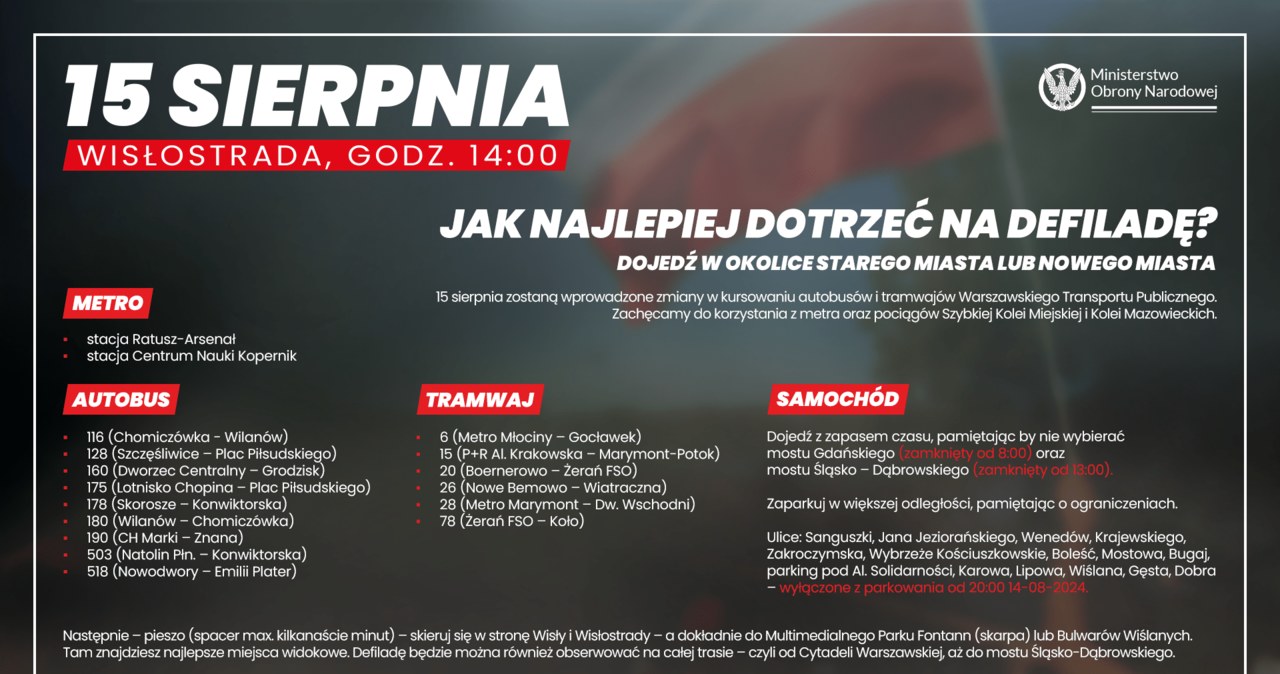 Zalecenia Ministerstwa Obrony Narodowej jak najlepiej dostać się na defiladę Wojska Polskiego w Warszawie /@MON_GOV_PL /Twitter