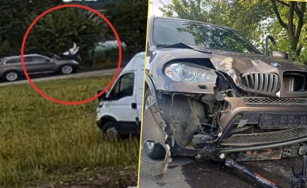 Zaliczył na hulajnodze "czołówkę" z samochodem. Wideo poraża
