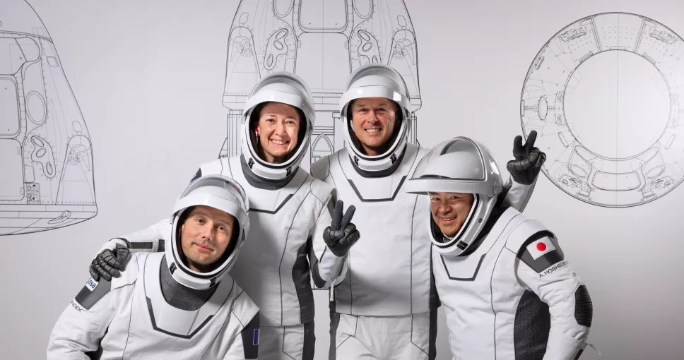 Załoga misji Space Crew-2 - Od lewej Francuz Thomas  Pesquet z ESA, Megan McArthur (pilot) , Shane Kimbrough (dowódca misji) i Japończyk Akihiko Hoshide /materiały prasowe