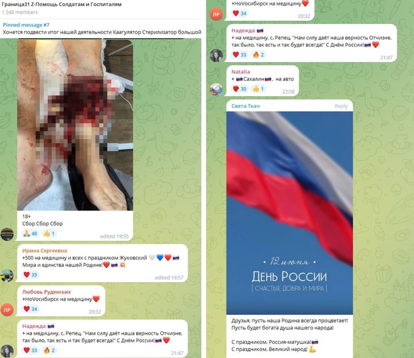 Zamiast pieniędzy ze zbiórek ranni, rosyjscy żołnierze mogą liczyć na prymitywne materiały zamieszczane w mediach społecznościowych, że "cierpią dla wielkiej Rosji" / zdjęcie: Telegram /Twitter