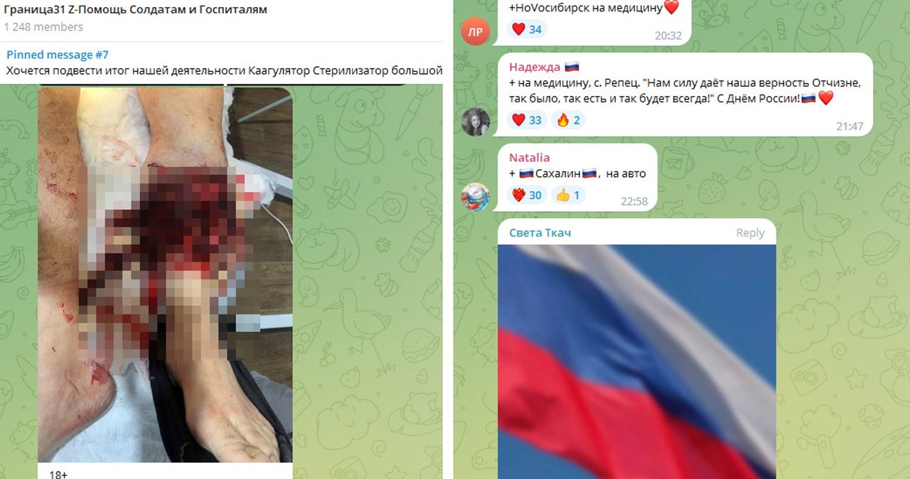 Zamiast pieniędzy ze zbiórek ranni, rosyjscy żołnierze mogą liczyć na prymitywne materiały zamieszczane w mediach społecznościowych, że "cierpią dla wielkiej Rosji" / zdjęcie: Telegram /Twitter