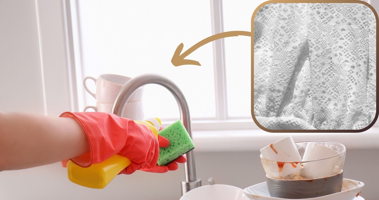 Zamiennik gąbki do mycia naczyń możemy przygotować w domu sami. Wystarczy fragment niepotrzebnej firanki. /Pixel