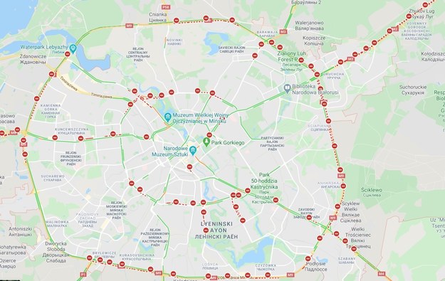 Zamknięte ulice w Mińsku /Google Maps /
