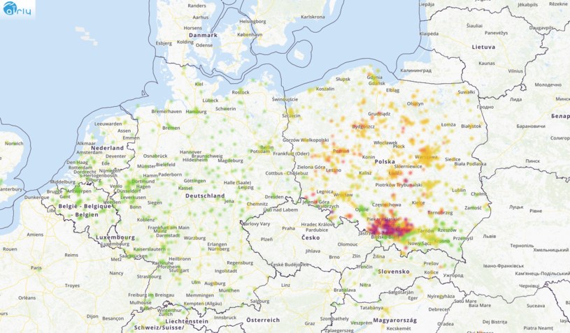 Zanieczyszczenie PM w Polsce i w Niemczech, dane airly z godz. 11 17.12.2019 /źródło: airly /
