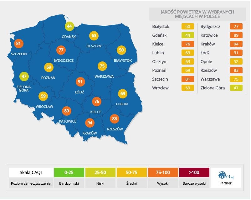 Zanieczyszczenie powietrza w Polsce (wskaźniki z ostatniej doby) /INTERIA.PL