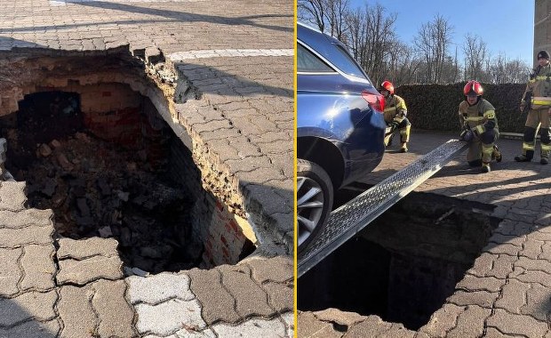 Zapadlisko przy zamku w Człuchowie. Ziemia osunęła się pod autami