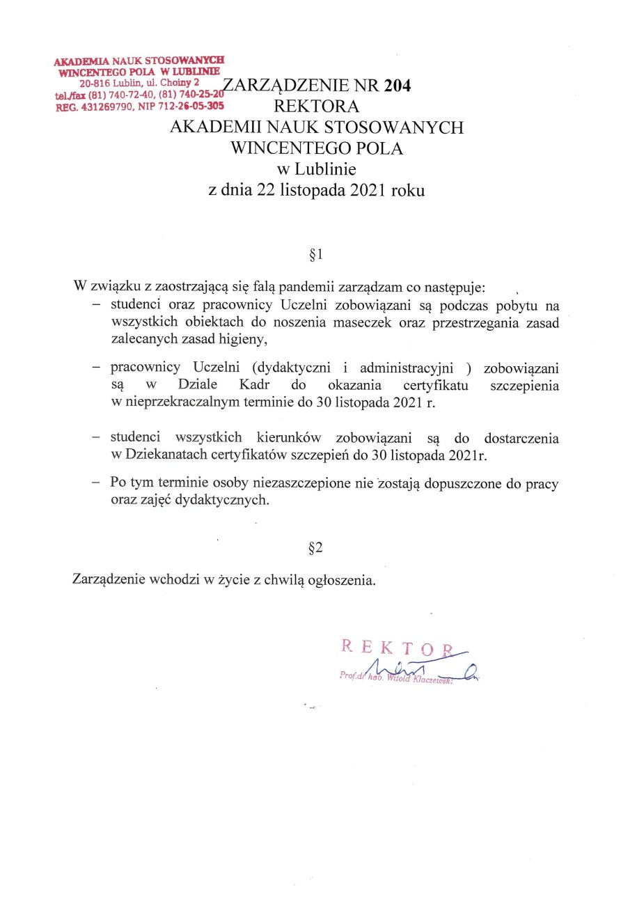 Zarządzenie rektora Akademii Nauk Stosowanych w Lublinie /Materiały prasowe