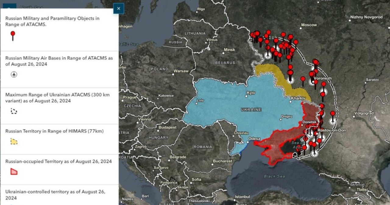 Zasięg pocisków ATACMS z zaznaczonymi możliwymi rosyjskimi celami wojskowymi /@TheStudyofWar /Twitter