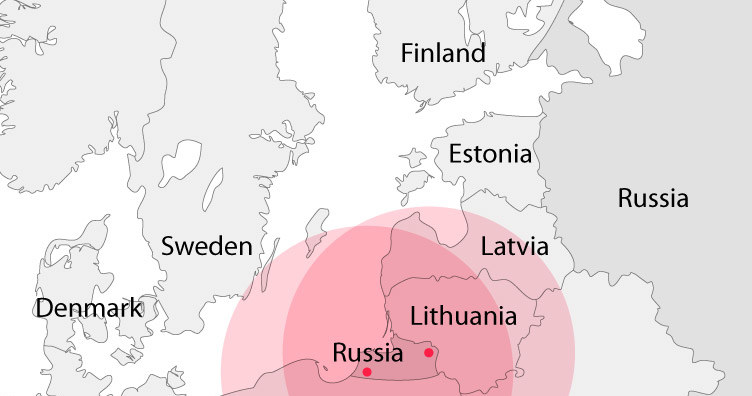 Zasięg pocisków Iskander z  terenu Obwodu Kaliningradzkiego FR /Wikipedia