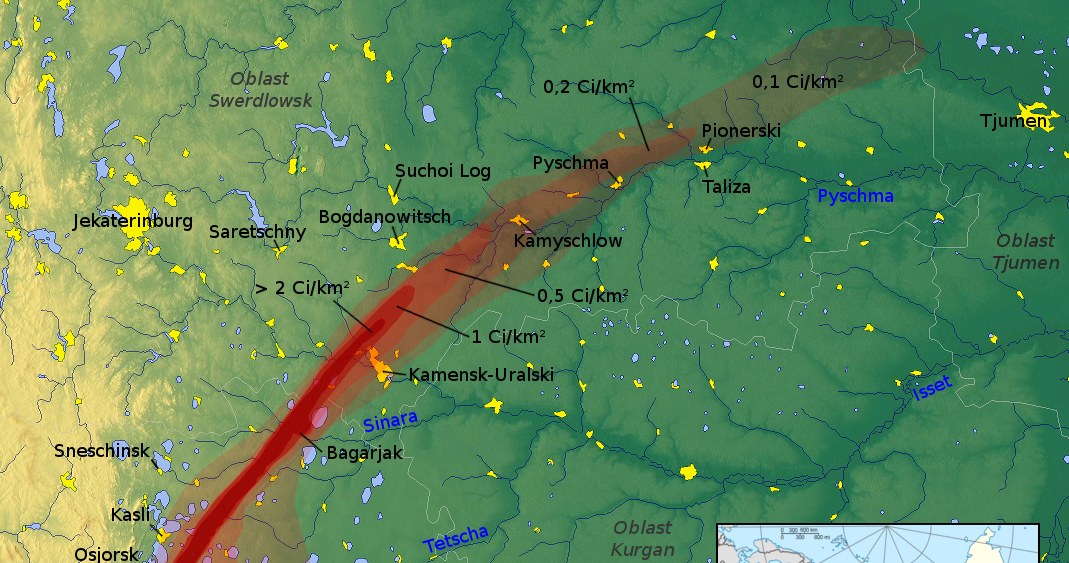 Zasięg skażenia Wschodnio-Uralskiego Śladu Radioaktywnego /Wikipedia