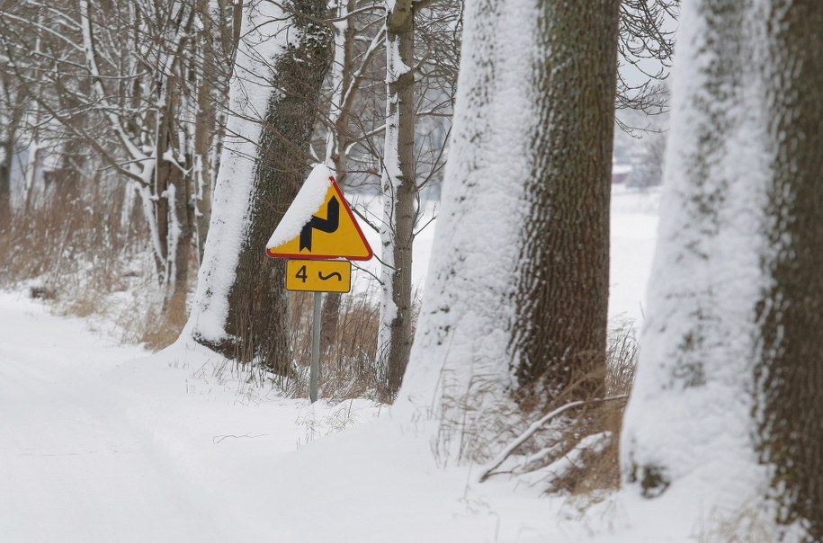 Zaśnieżona droga w miejscowości Nowa Wieś, po nocnych opadach śniegu w woj. warmińsko-mazurskim /Tomasz Waszczuk /PAP