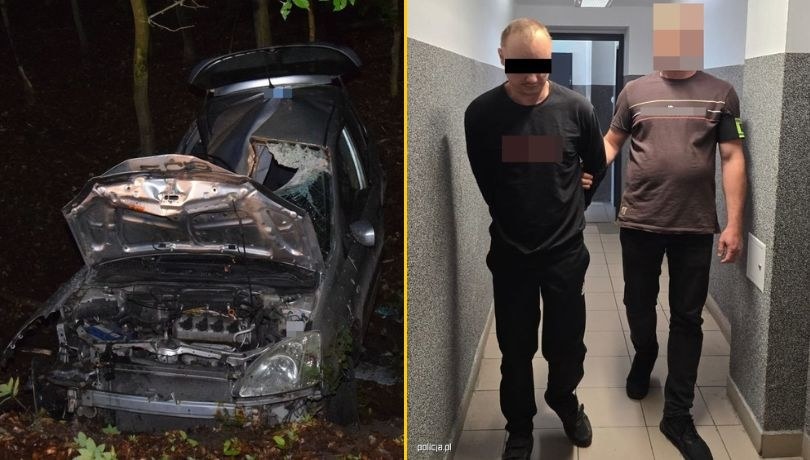 Zatrzymany 35-latek i rozbity pojazd, którym kierował /KPP Biłgoraj /