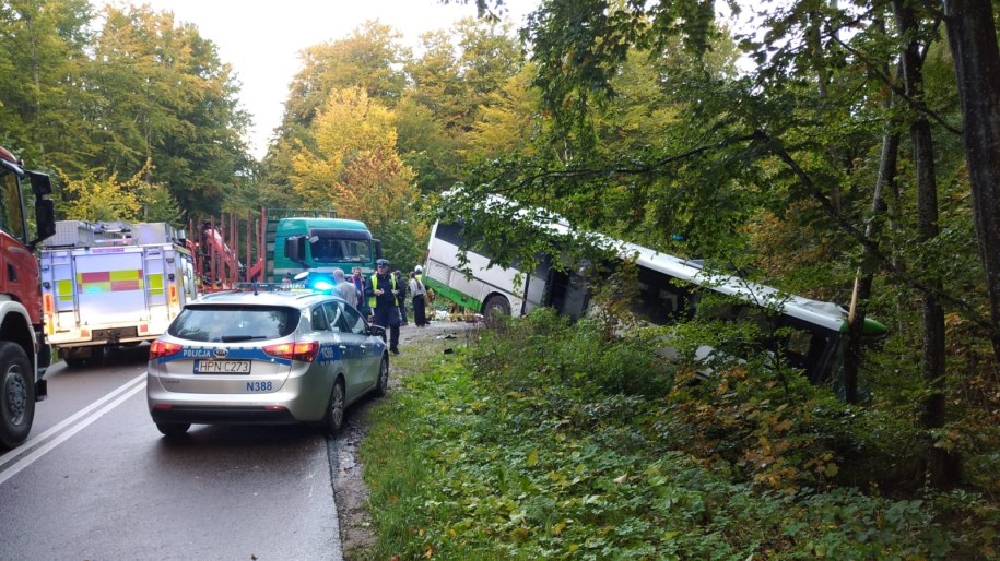 Zderzenie autobusu z ciężarówką na drodze między Leśniewem a Darzlubiem /KP PSP Puck /