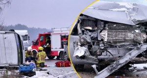 Zderzenie busów na oblodzonej drodze. 9 osób rannych, w tym dzieci