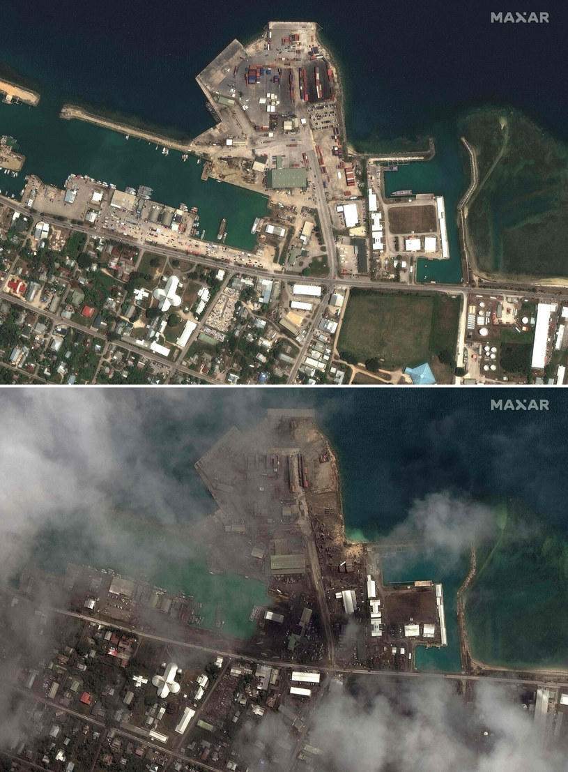 Zdjęcia pokazują widok na port morski na Tonga 29 grudnia 2021 i 18 stycznia 2022 /HANDOUT/AFP /East News
