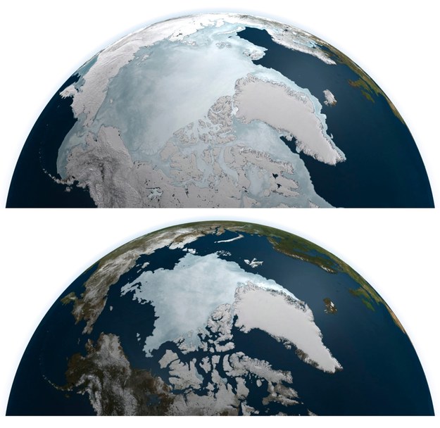 Zdjęcia satelitarne Arktyki wykonane we wrześniu i marcu 2011 roku /NASA /PAP/EPA