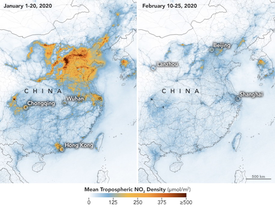 Zdjęcia satelitarne jakości powietrza w Chinach z okresu od 1 stycznia do 25 lutego 2019 roku i z analogicznego okresu 2020 roku /NASA /PAP/EPA