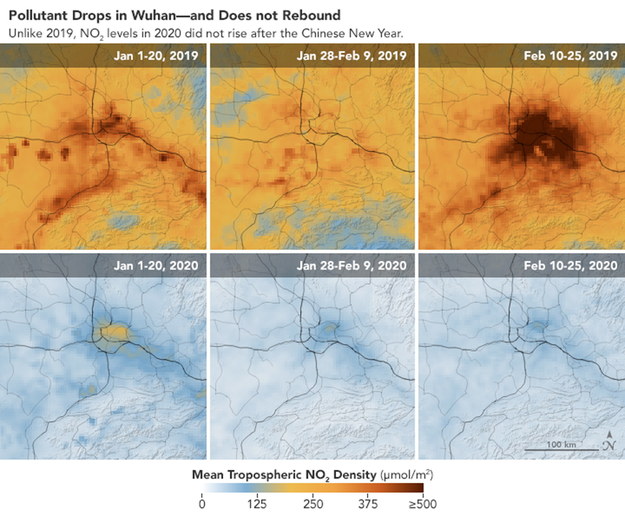 Zdjęcia satelitarne jakości powietrza w Wuhanie z okresu od 1 stycznia do 25 lutego 2019 roku i z analogicznego okresu 2020 roku /NASA /PAP/EPA