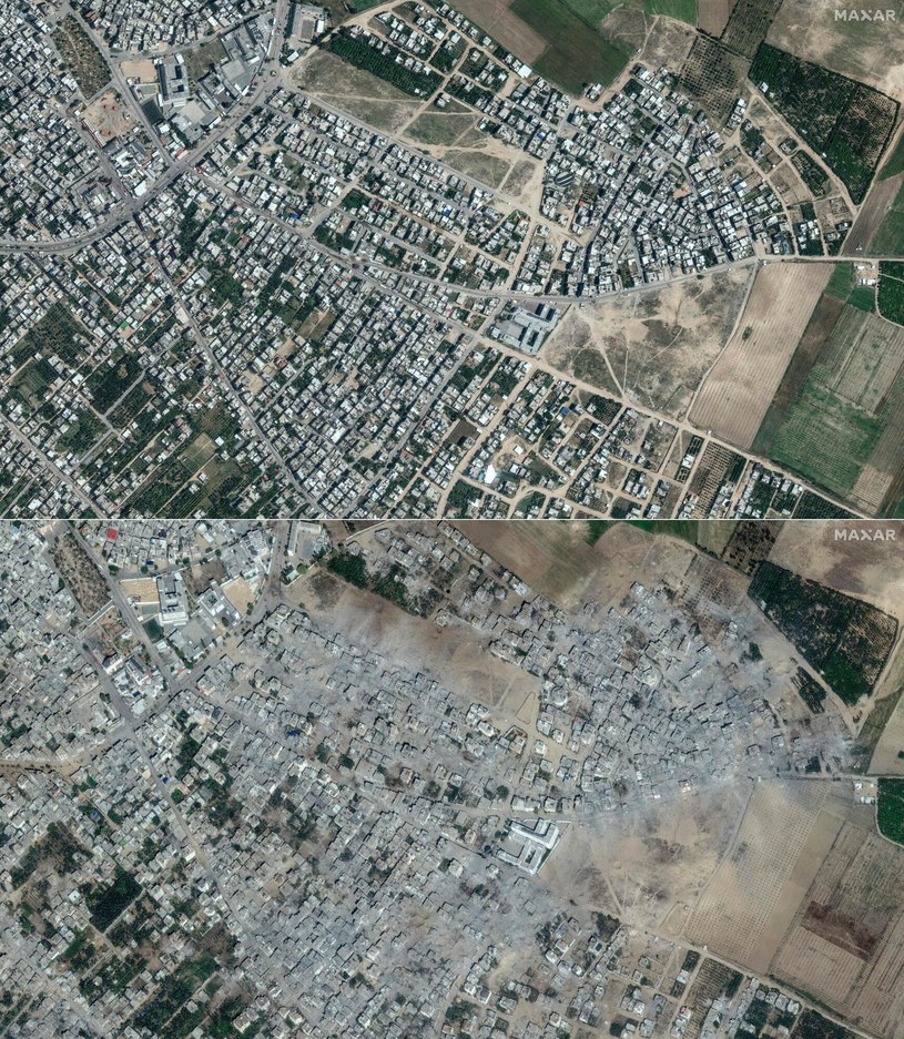 Zdjęcia satelitarne miasta Bajt Hanun w Strefie Gazy 1 maja 2023 r. (na górze) i 21 października 2023 r. (na dole) wykonane przez Maxar Technologies. /AFP /East News