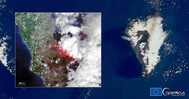 Zdjęcia satelitarne pokazujące erupcję wulkanu /EUROPEAN UNION, COPERNICUS SENTINEL-2 IMAGERY HANDOUT /PAP/EPA