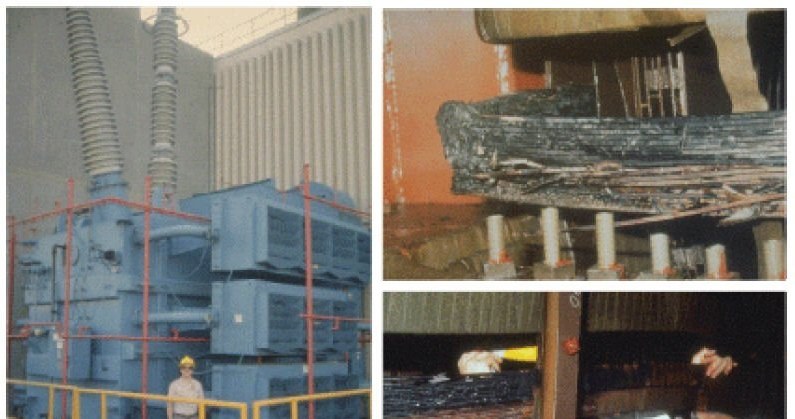 Zdjęcia uszkodzonego kanadyjskiego transformatora po burzy magnetycznej z 1989 roku /NASA