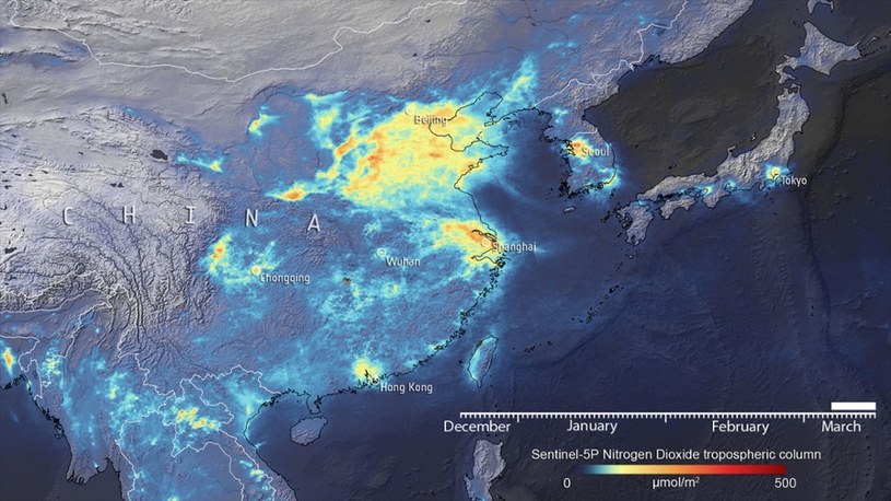Zdjęcia z satelity Copernicus Sentinel-5P pokazują spadek emisji dwutlenku azotu w Chinach w pierwszej połowie marca 2020 /ESA / eyevine/Eyevine /East News