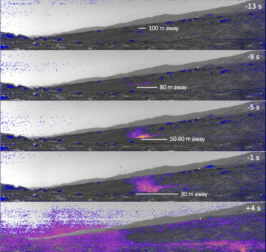 Zdjęcia zbliżającej się trąby pyłowej, zarejestrowane z pomocą kamery NavCam. Kolorem oznaczono obserwowaną gestość pyłu /Materiały prasowe