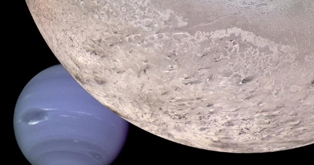 Zdjęcie Neptuna (lewy dolny róg) i jego księżyca wygenerowane komputerowo na bazie materiałów przesłanych przez sondę Voyager 2 /AFP